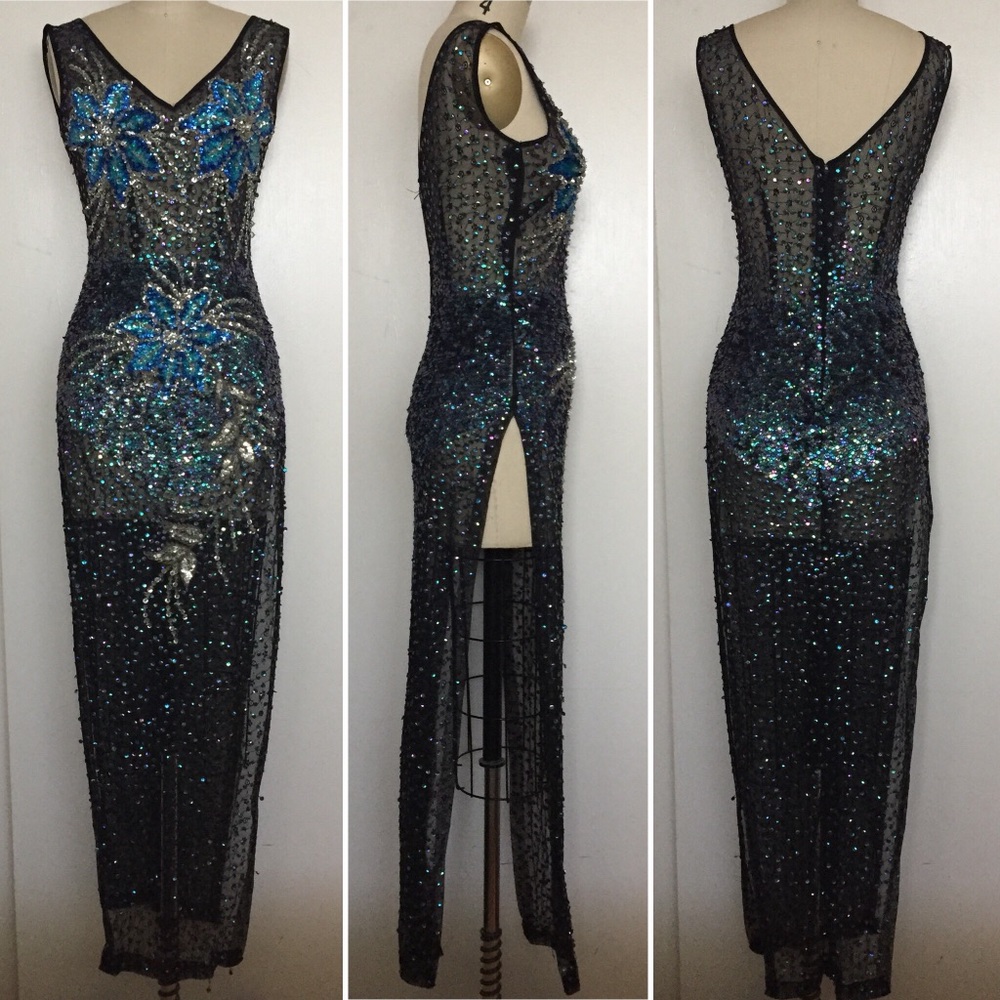 Vintage Full Sheer Sequin Flower Mermaid Dress